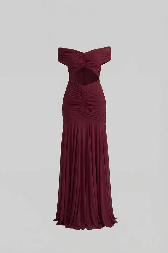 Ruched Off-The-Shoulder Maxi Dress With Cut-Out Waist - Crimson