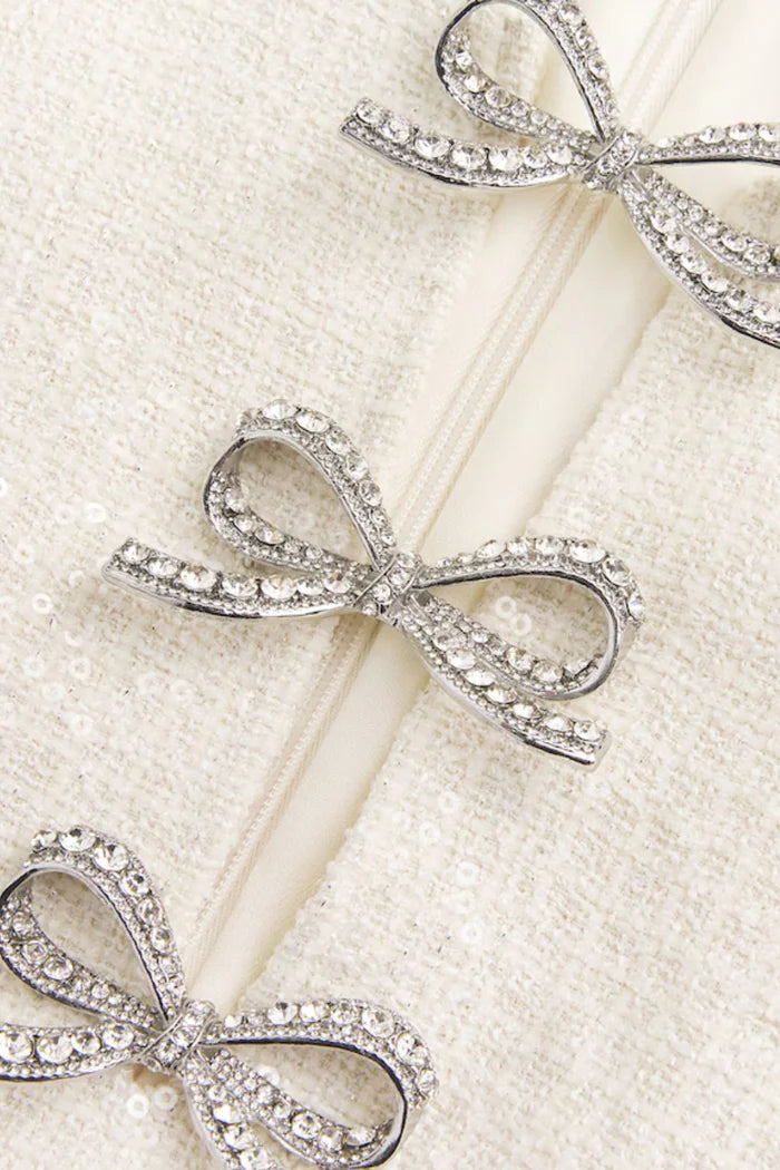 Sequin Mini Dress with Crystal Bow Accents - Ivoire