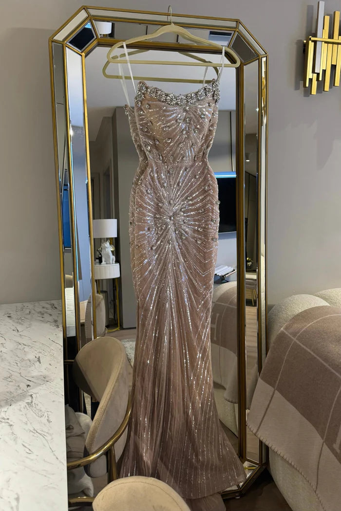 Sophisticated Evening Gown With Shimmering Sequin Embellishments - Beige