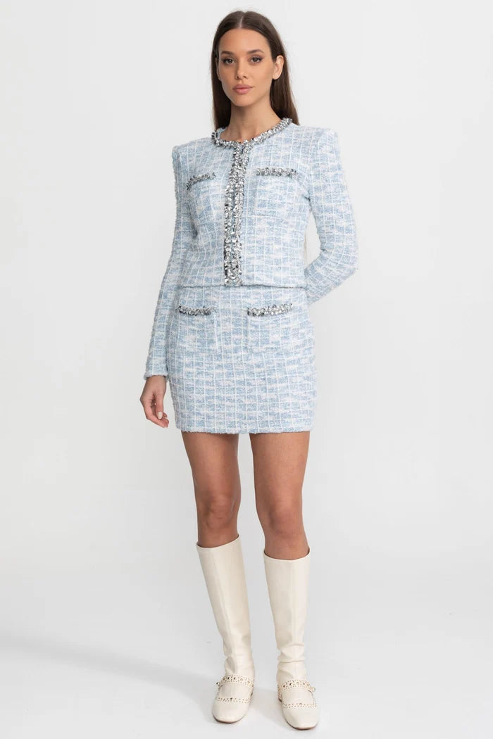 Embellished Tweed Co-Ord Set with Crystal Trim – Light Blue