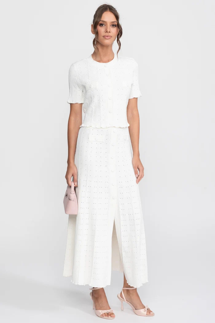 Ribbed Knit Co-Ord Set With Buttoned Front Cardigan And Matching Maxi Skirt - White