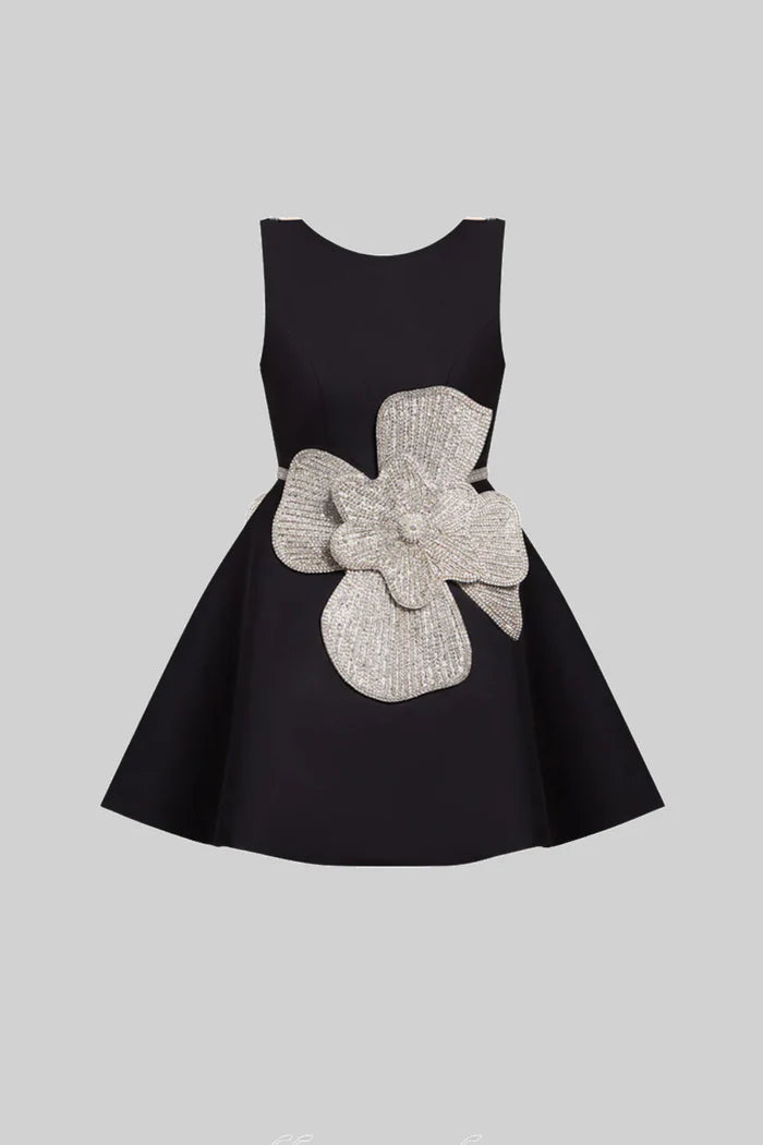 Sleeveless Mini Dress With Sparkling Flower Embellishment - Black