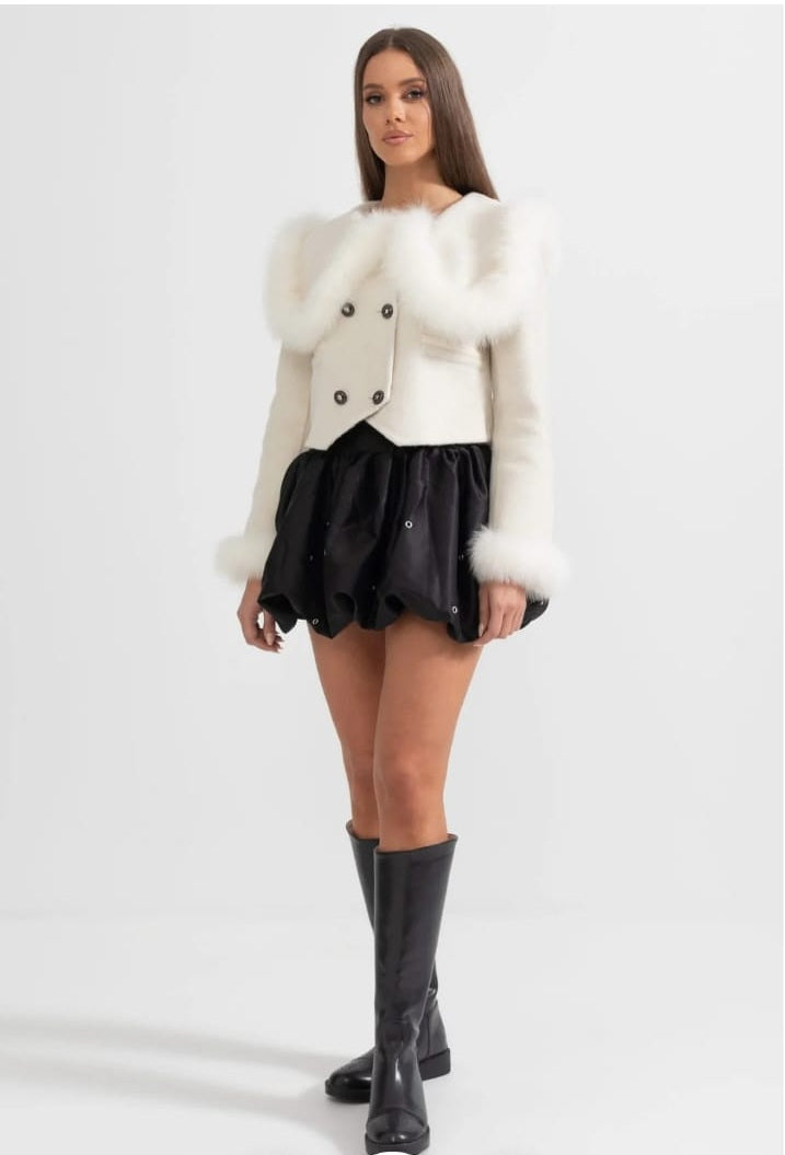 Double Breasted Cropped Jacket With Fur Collar Embellishment - Brown