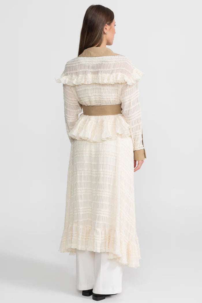 Longline Lace Panel Trench Coat With Belted Waist – Beige