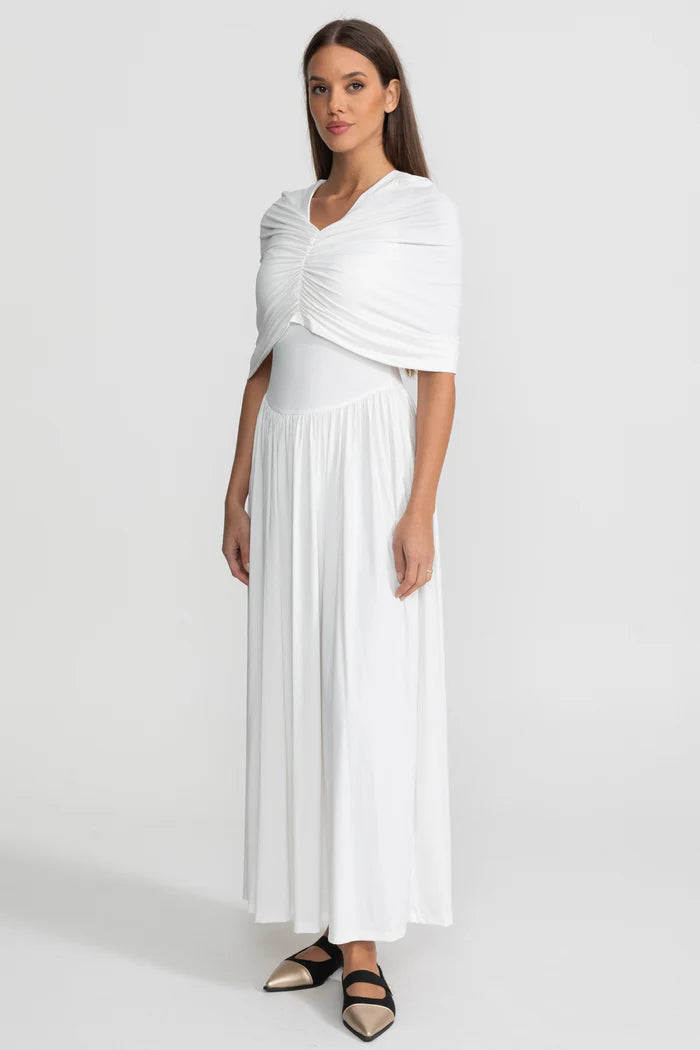 Gathered Jersey Maxi Dress with Cape Effect - White