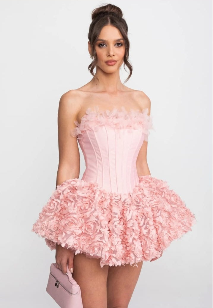 Strapless Corset Mini Dress With 3D Rose Appliqué Skirt - Pink