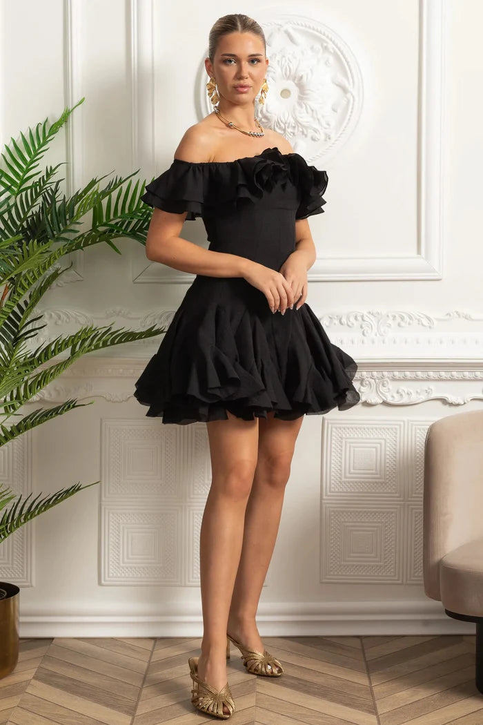 Off-Shoulder Mini Dress with Ruffled Organza Trim - Black