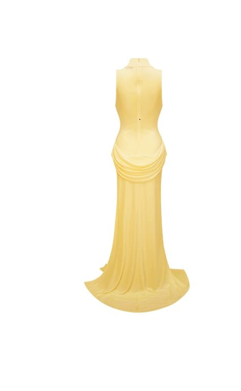 Mystérieuse Yellow Turtleneck Draped Maxi Dress