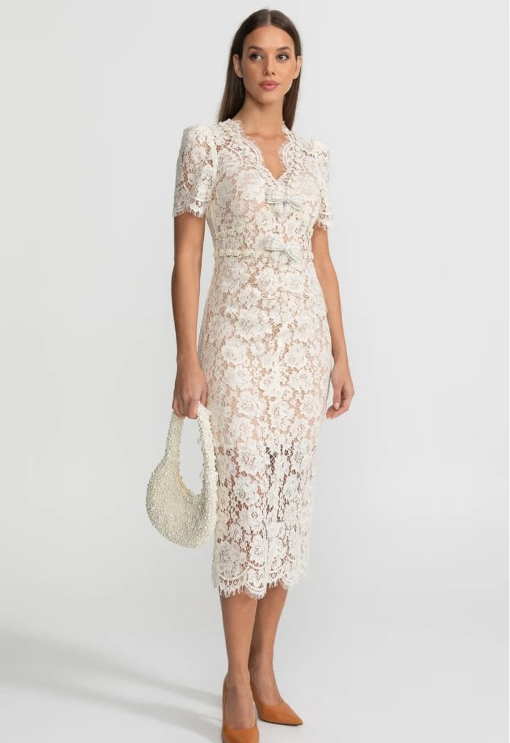 Embellished Lace Midi Dress With Bow Detailing – Ivoire