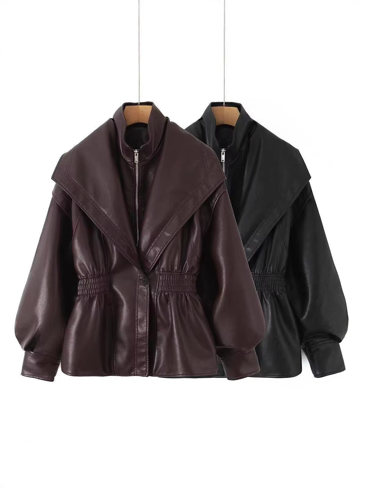 Double-Collar Elastic Waist  Leather  Coat