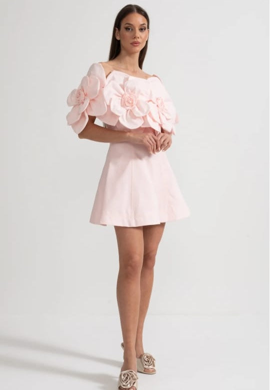Off shoulder mini dress with large febric floral-pink
