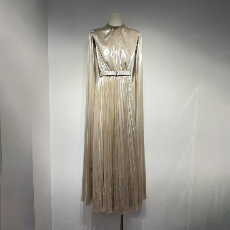 Champagne Pleated Cape Maxi Dress