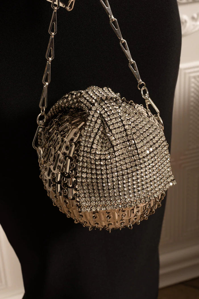 Spherical Metallic Handbag With Shimmering Embellishments - Silver