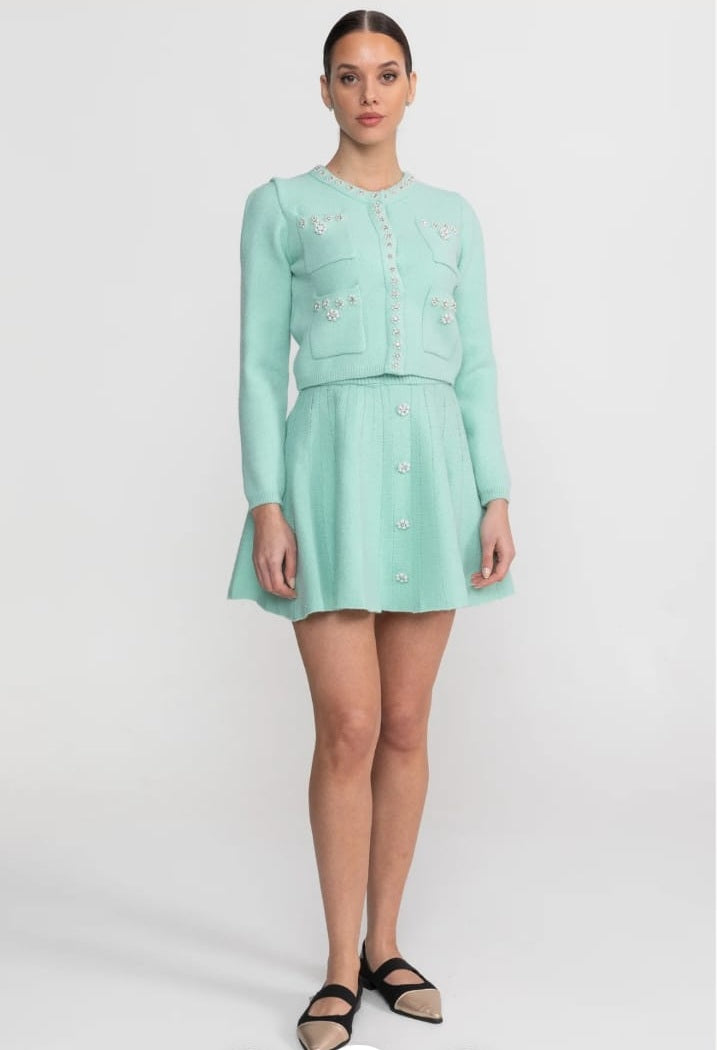 Knit Co-Ord Set With Long Sleeve Cardigan And Matching Mini Skirt -Blue