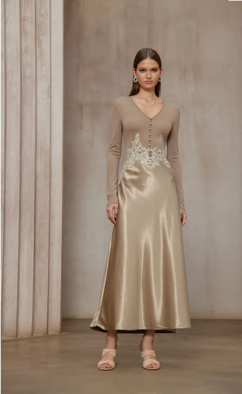 Szilvia Brown Knit Panel Satin Midi Dress