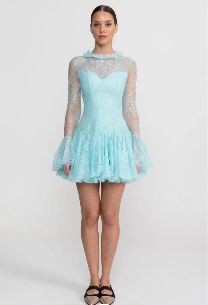 Sheer Lace Long Sleeve Mini Dress With Ruffled Hem - Teal