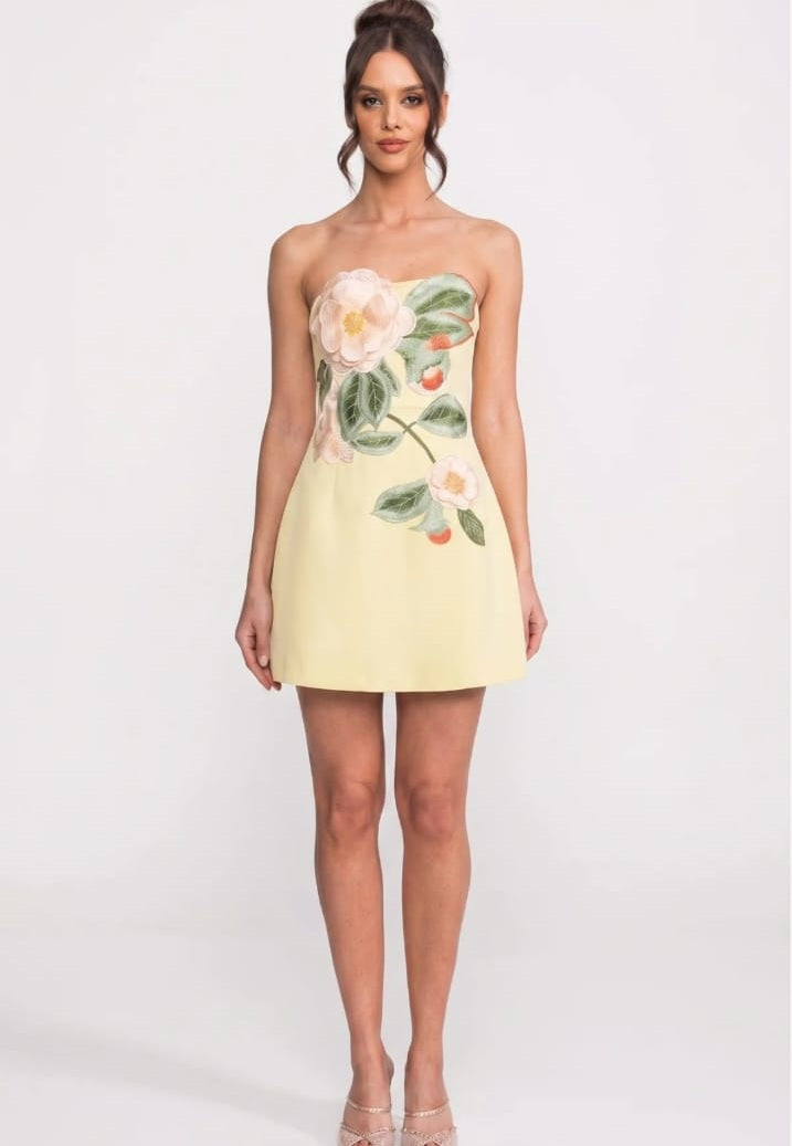 Strapless Mini Dress With 3D Camellia Floral Appliqué - Yellow