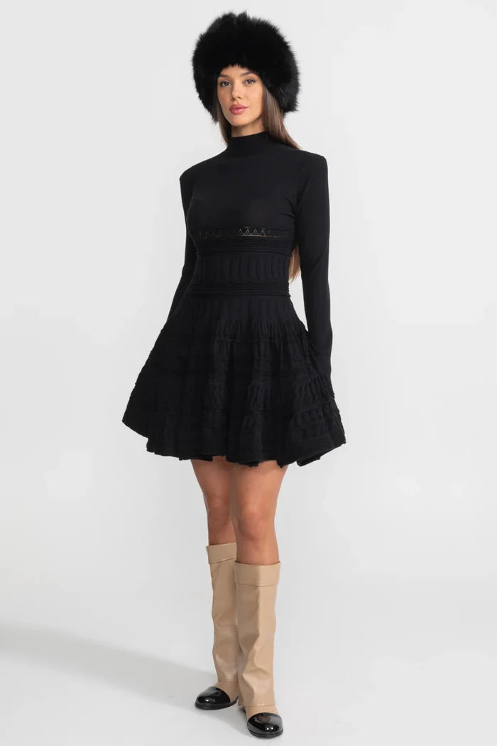 Textured Knit Mini Dress with Flared Skirt - Black
