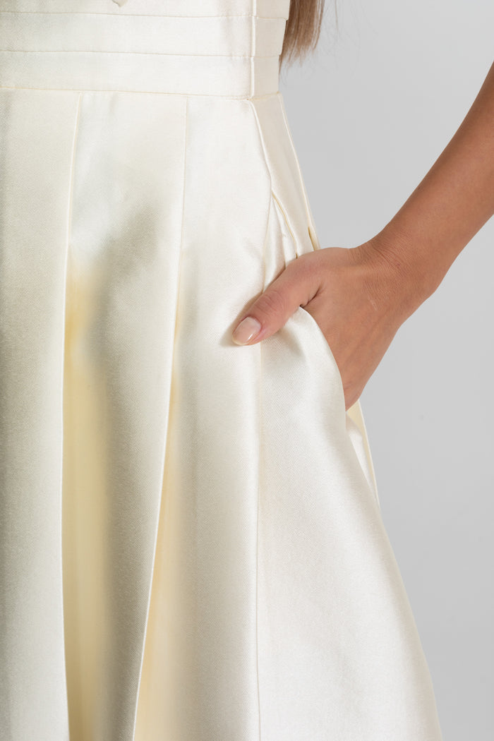 Off-Shoulder Satin Midi Dress With Draped Bow Detail – Ivoire