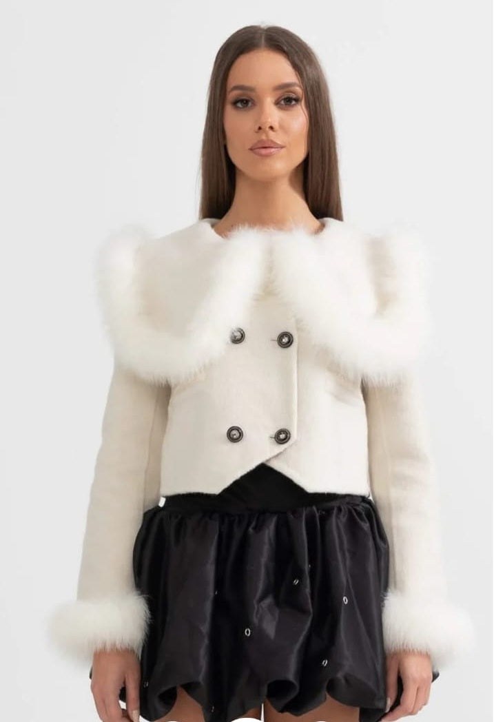 Double Breasted Cropped Jacket With Fur Collar Embellishment - Brown