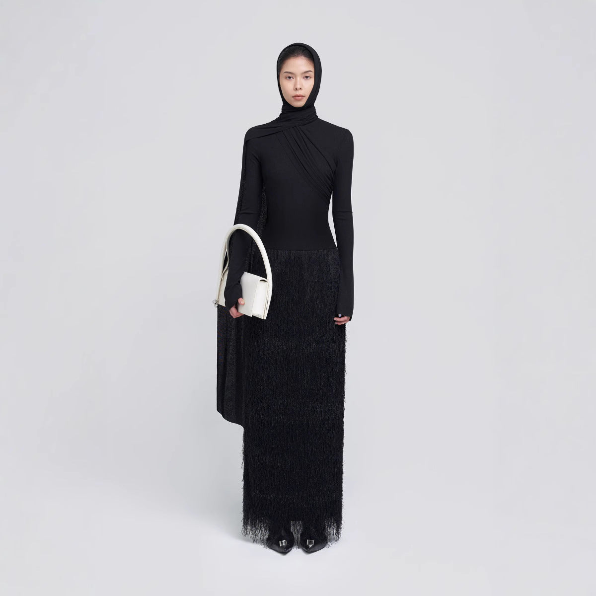 Waist hooded top tassel long skirt