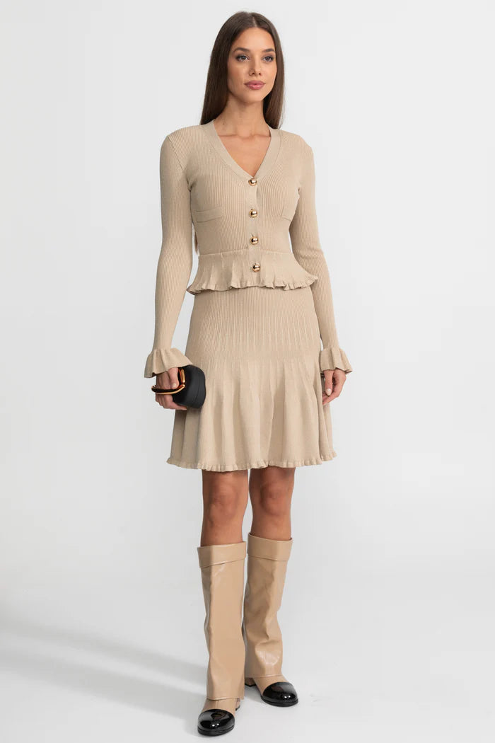 Ribbed Knit Dress With Peplum Waist And Flared Hem – Beige