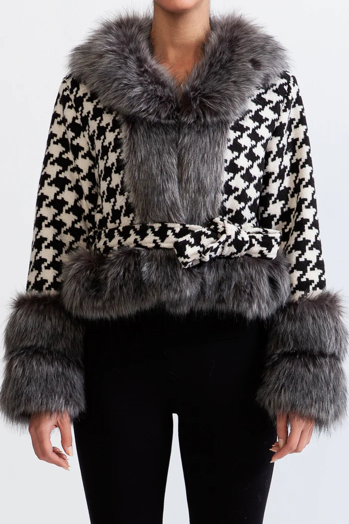 Houndstooth Wool Belted Coat with Fur