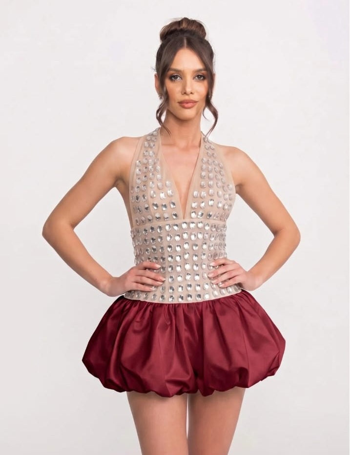 Crystal-Embellished Halter Mini Dress With Bubble Skirt - Red