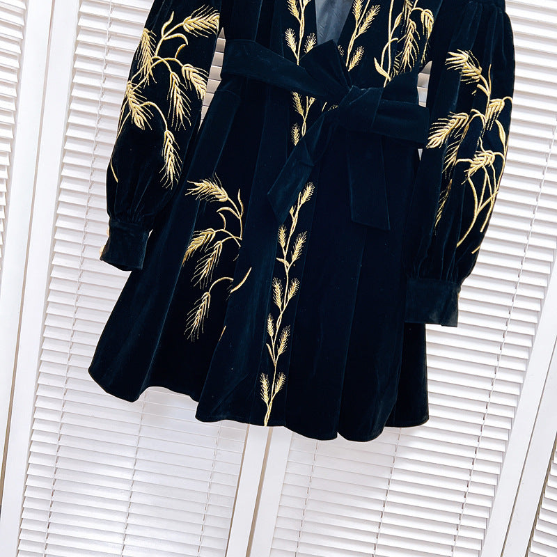 Velvet Tie Waist V-Neck  dress