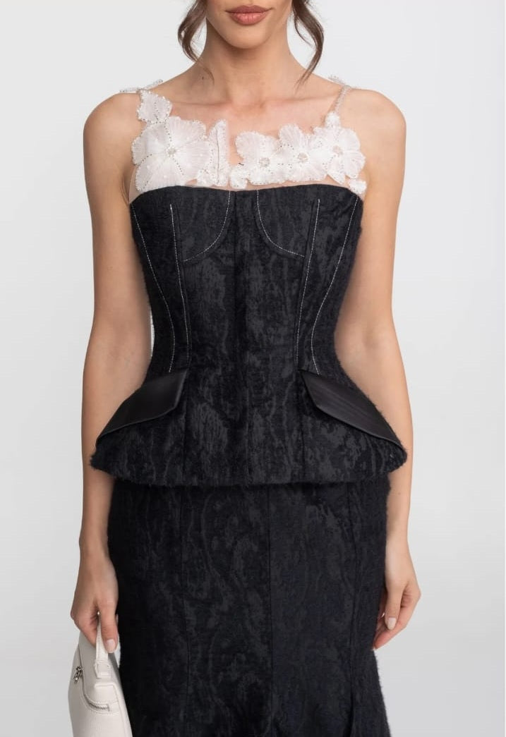 Jacquard Maxi Set With Sheer Floral Neckline And Peplum Waist - Black