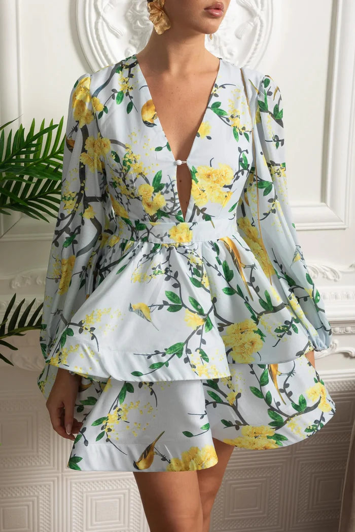 Floral Romantic Mini Dress With Voluminous Sleeves And Peplum Detail-sky blue