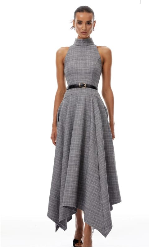Wilhemine Grey Checked Tweed Maxi Dress (Without Belt)