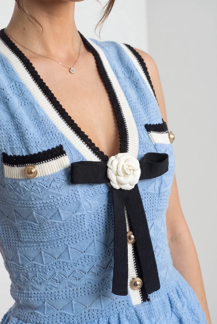 Peplum Knit Mini Dress With Contrast Trim And Bow - Light Blue