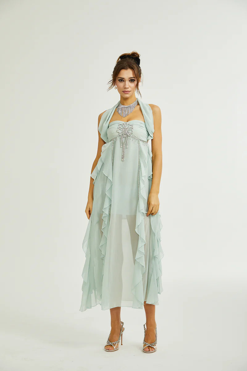 Salilah embellished ruffled midi dress