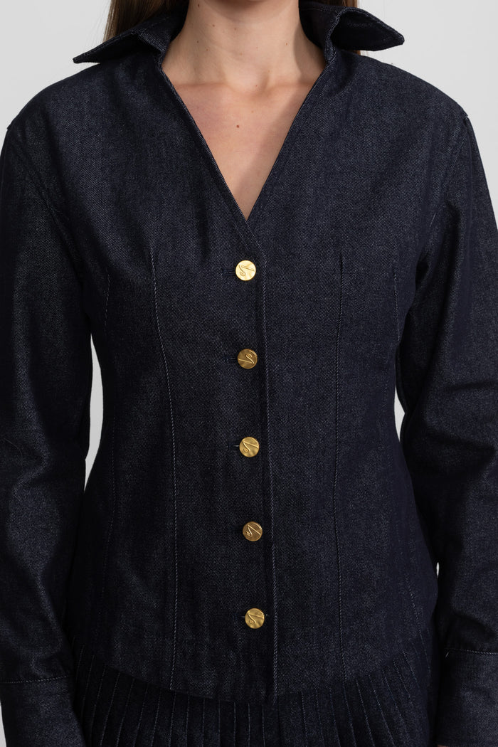 Denim Co-ord Set with Pleated Skirt and Gold Buttons - Dark Blue