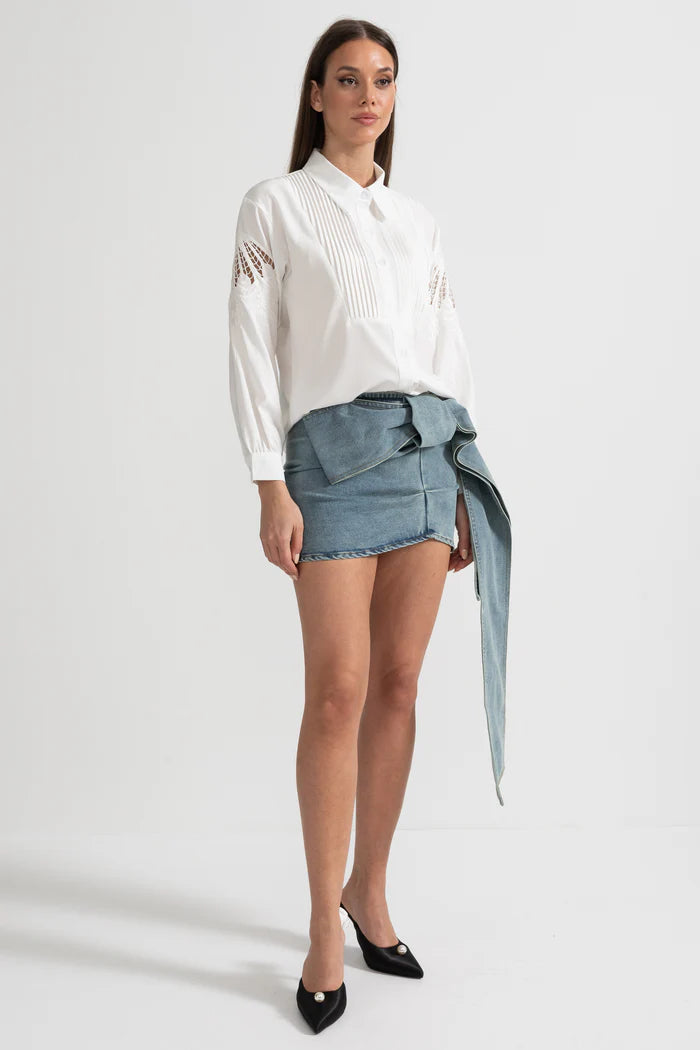 Denim Mini Skirt with Oversized Bow Detail - Blue