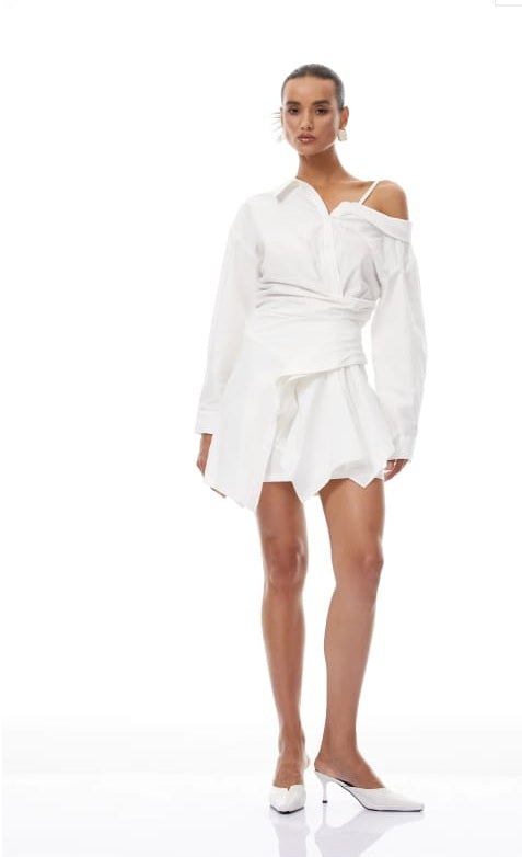 Tímea White Asymmetrical Mini Shirt Dress