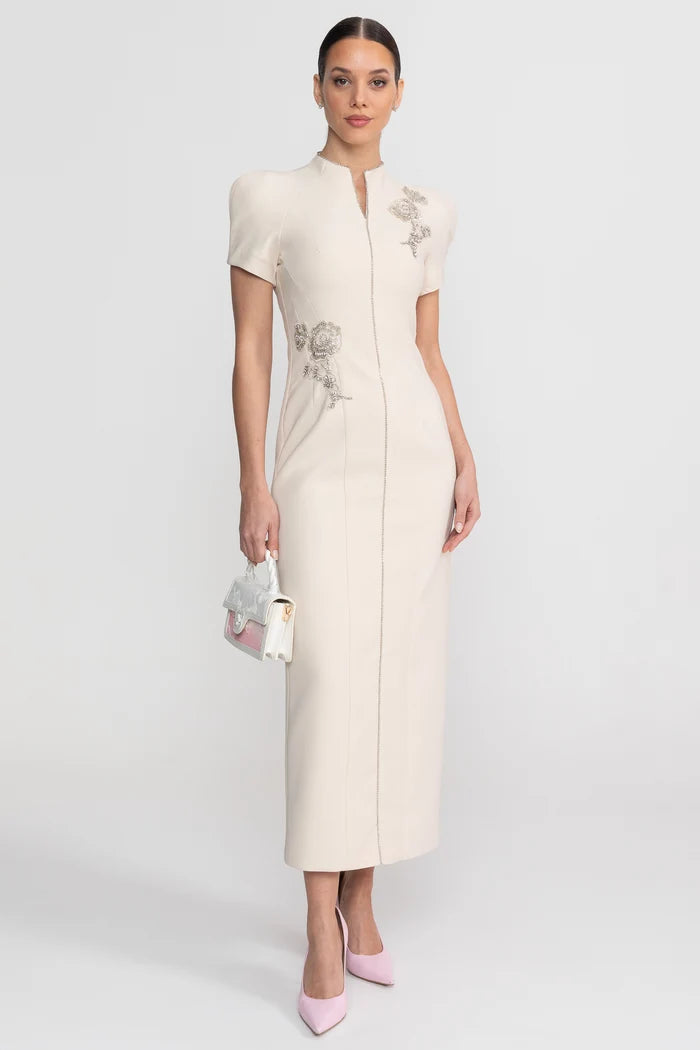 Short Sleeve Midi Dress With High Split Neckline And Sparkling Embellishments - Ivoire