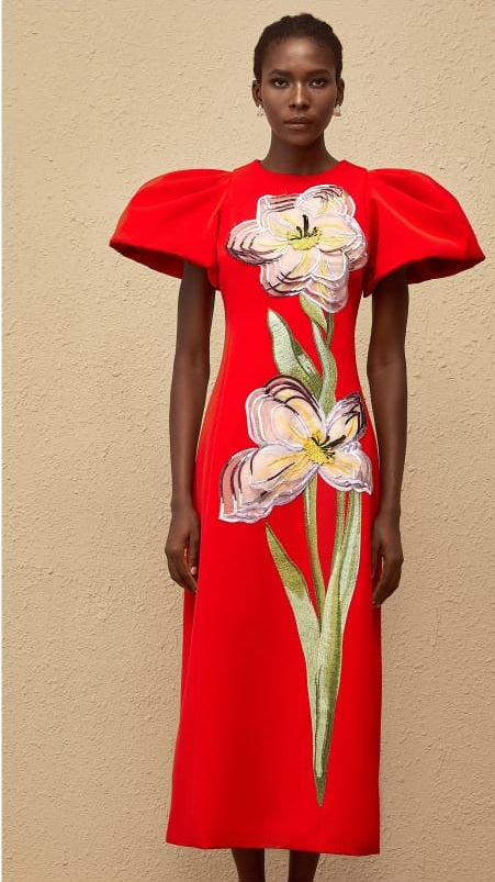 Irène Red Sequined Floral Embroidered Midi Dress