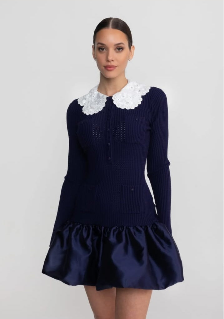 Knit Long Sleeve Mini Dress With Broderie Collar - Navy