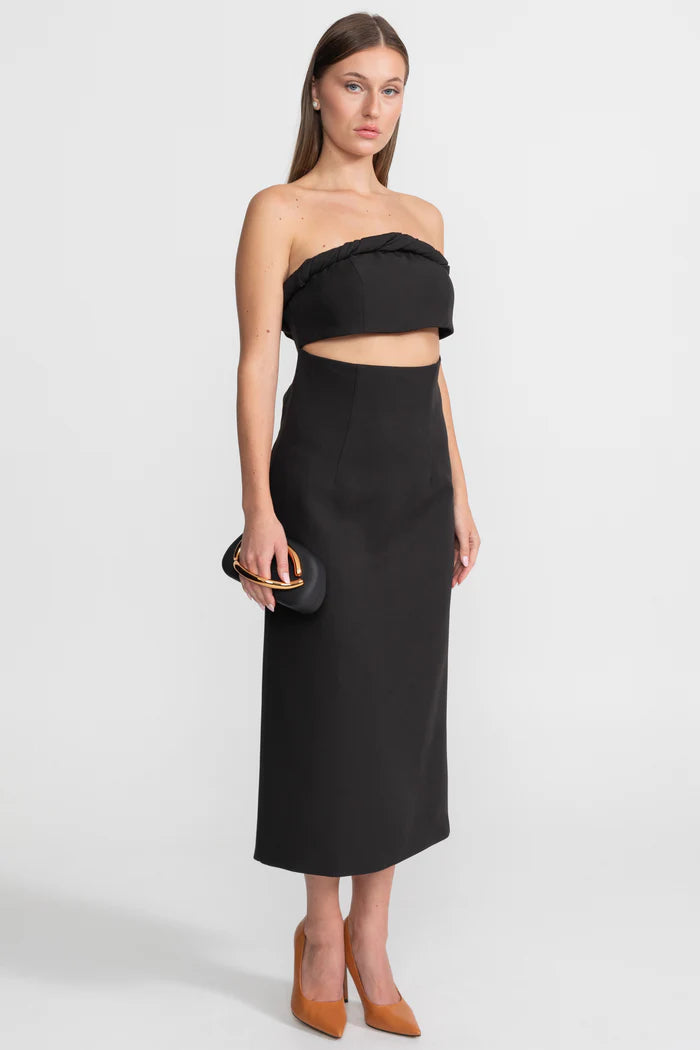 Strapless Cutout Midi Dress With Twisted Bandeau Detail – Black