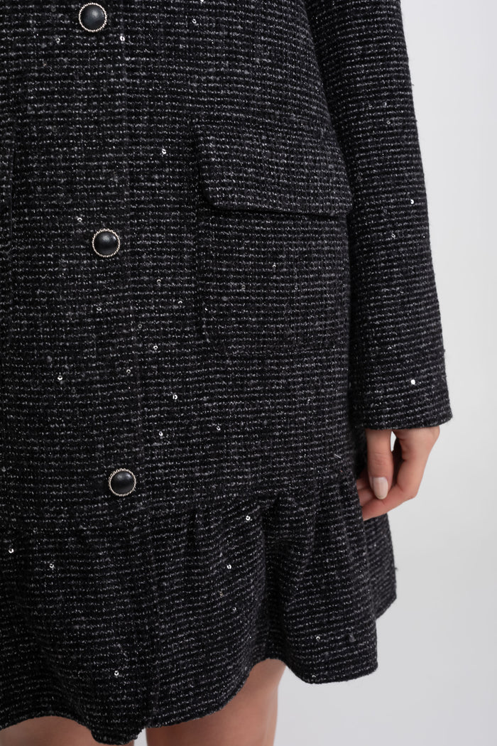 Bouclé Tweed Mini Dress With Lace-Trim Collar And Ruffle Hem - Charcoal