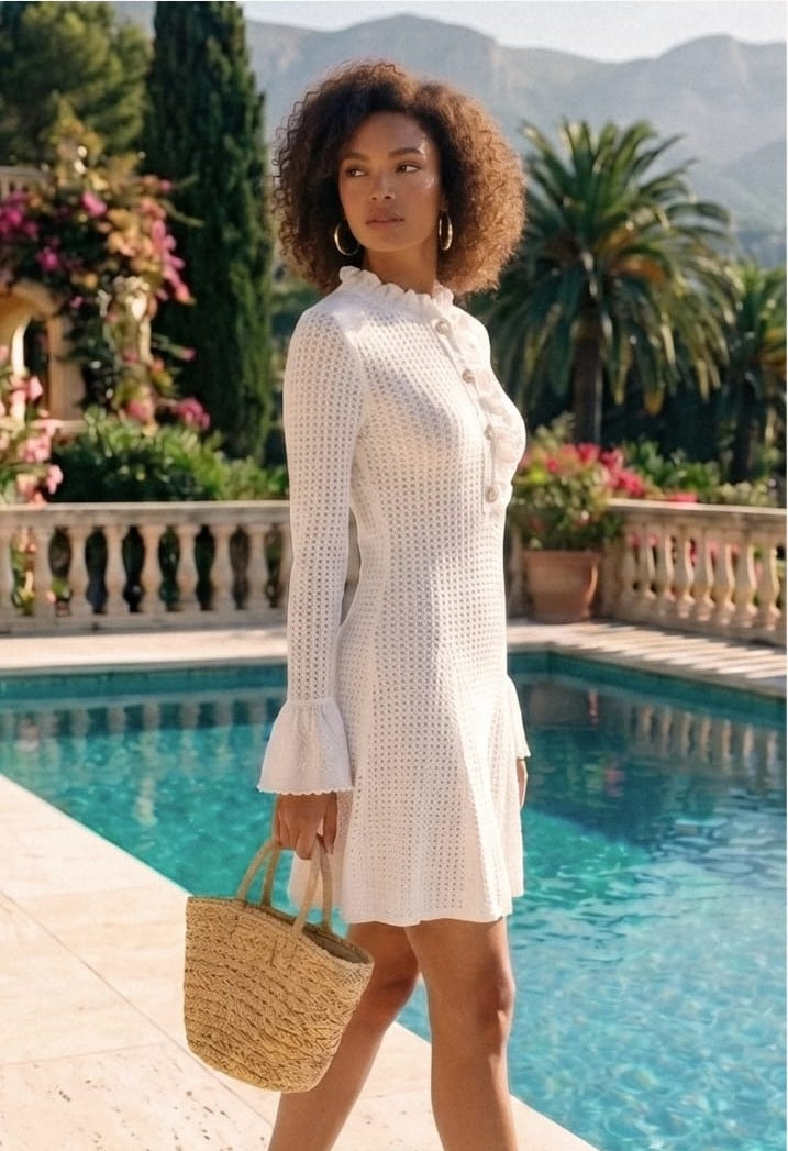 Open-Knit Mini Dress With Ruffle High Neck And Pearl Button Placket - White