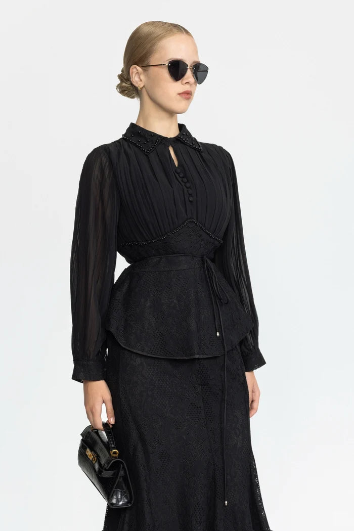 Pleated Chiffon Lace Peplum Blouse and Maxi Skirt Set - Black