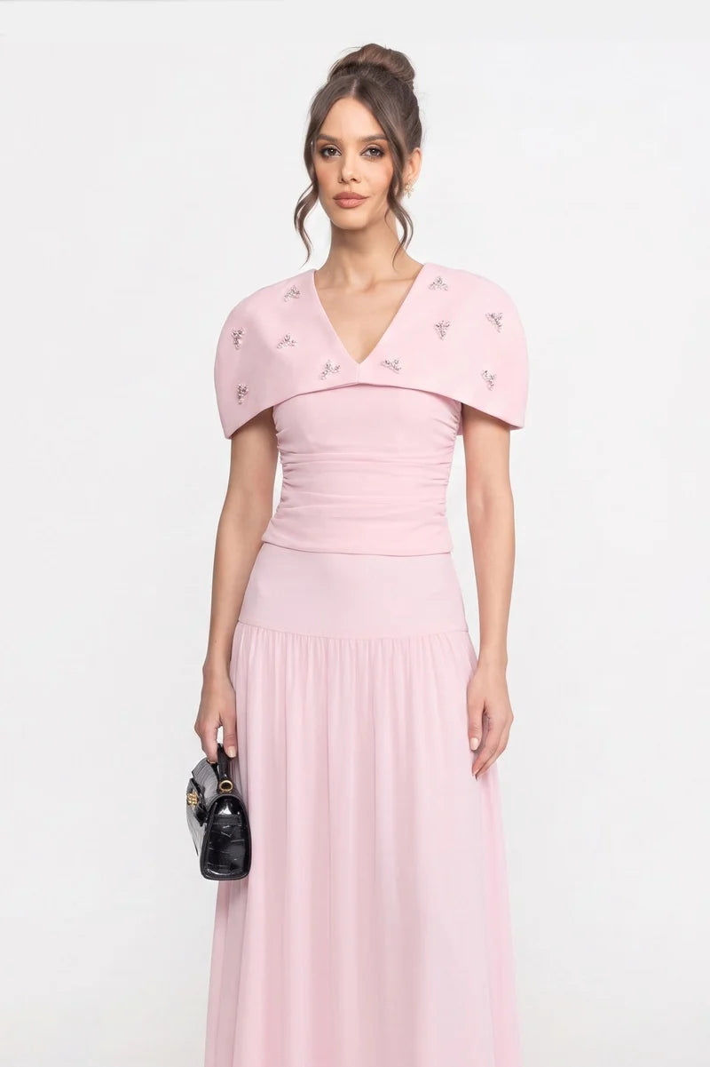 3-Piece Co-Ord Set With Ruched Top, Detachable Cape And Maxi Skirt - Pink