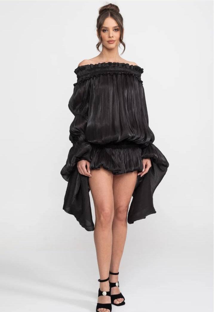 Off-Shoulder Ruffle Mini Dress With Draped Sleeves - Black