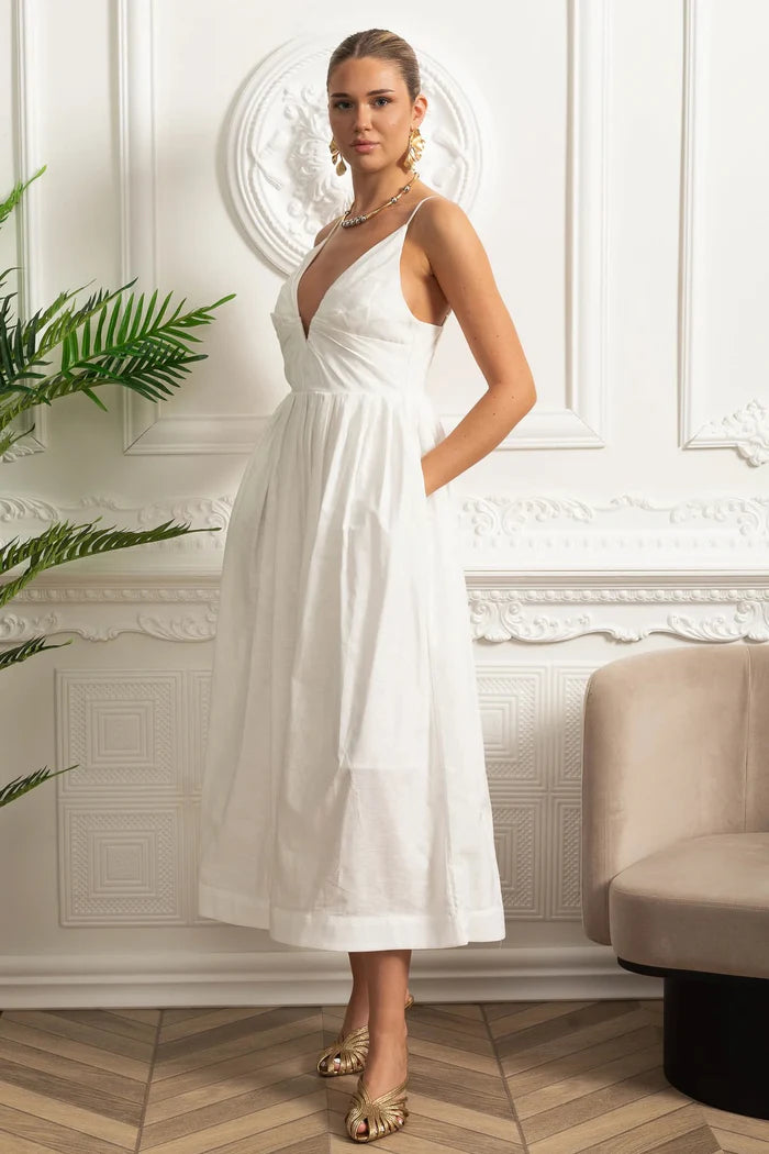 Ruched Bodice Strappy Midi Dress with Smocked Back and Gathered Skirt- White