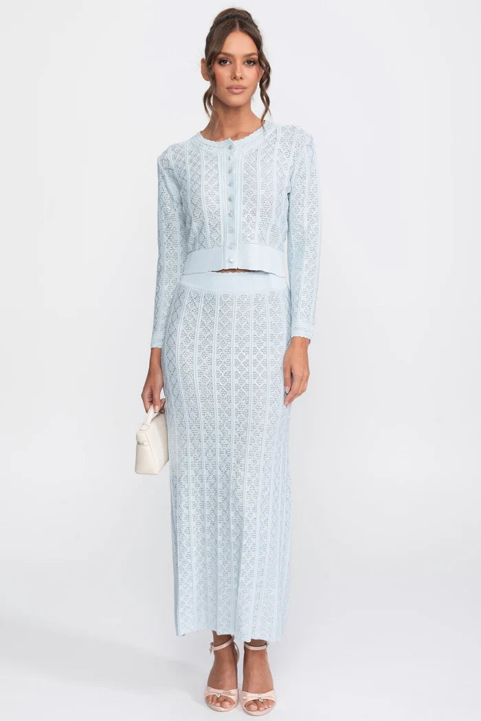 Eyelet Knit Co-Ord Set With Cardigan And Maxi Skirt - Light Blue