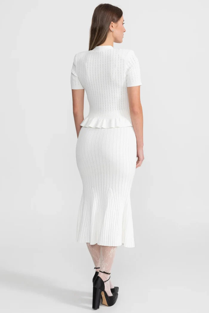 Knit Midi Co-Ord with Peplum Waist and Gold Buttons – White