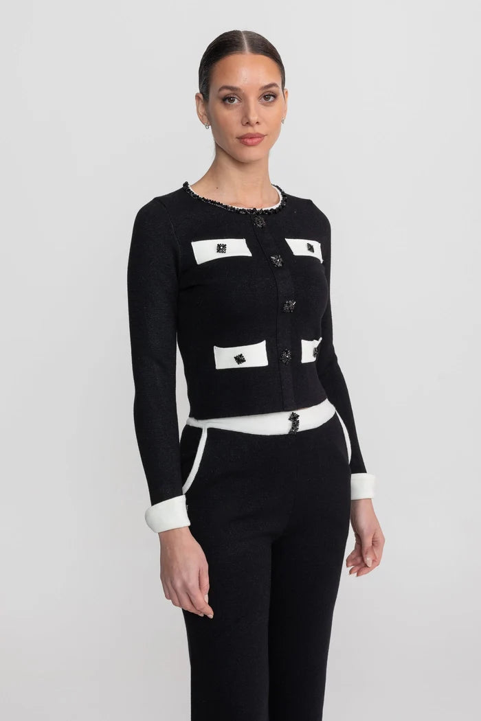 Long Sleeve Knit Co-Ord Set With Contrast Trim And Sparkling Embellishments - Black